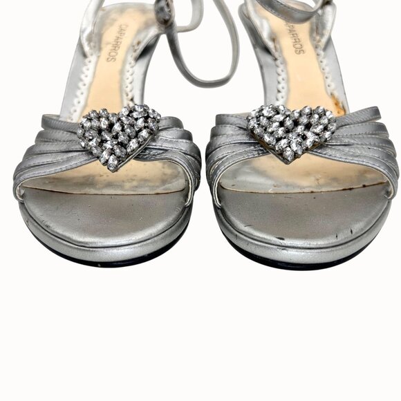 CAPARROS METALLIC SILVER LEATHER RHINESTONE HEART ANKLE STRAP SANDALs HEELS - 7B - Picture 10 of 11